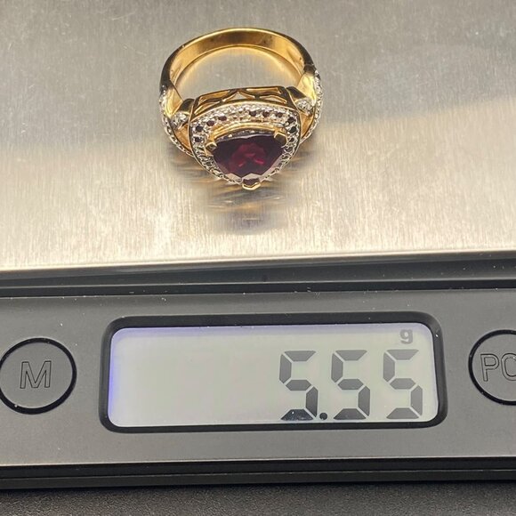 Vermeil Sterling Silver Trillion Cut Red Faux Ruby Ring 5.5g Sz 7 Red Rose Box - Picture 10 of 11